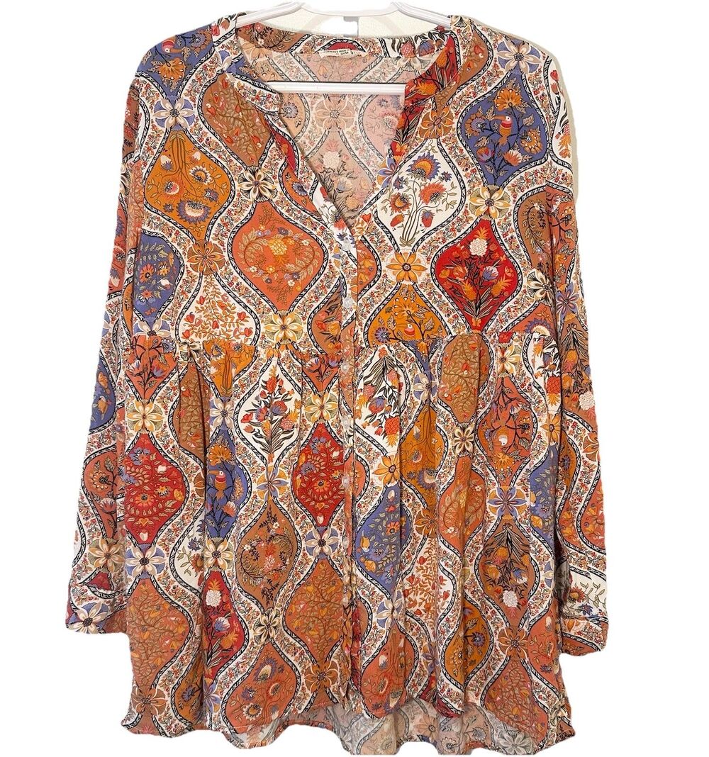 Christian Siriano Boho Floral Medallion Peplum Blouse Rayon Top Large